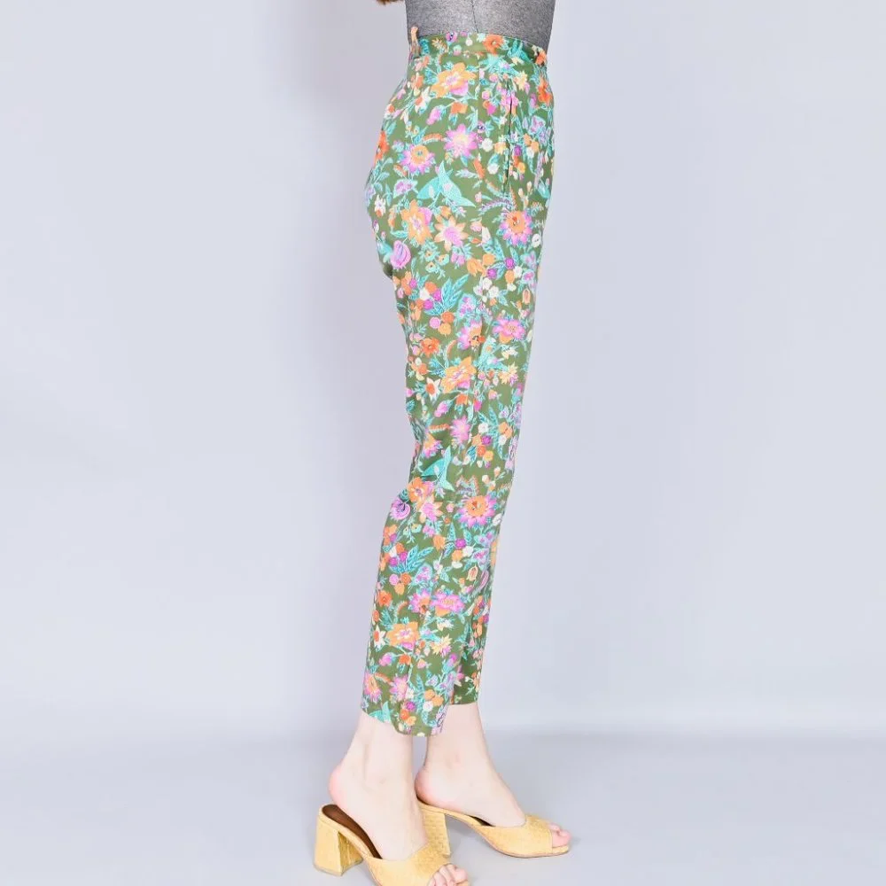 VINTAGE Vico Dritto Portofino High Waist Green Floral Pants 50s Retro S - Picture 3 of 7